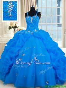 Spaghetti Straps Sleeveless 15th Birthday Dress Floor Length Beading and Pick Ups Blue Organza