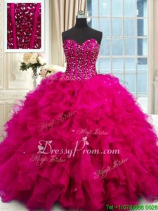 Delicate Floor Length Fuchsia Quinceanera Gown Organza Sleeveless Spring and Summer and Fall and Winter Beading and Ruffles and Sequins