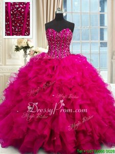 Delicate Floor Length Fuchsia Quinceanera Gown Organza Sleeveless Spring and Summer and Fall and Winter Beading and Ruffles and Sequins