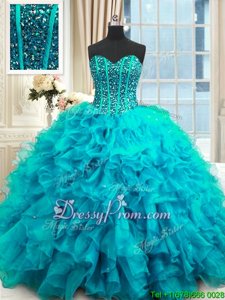Most Popular Baby Blue Lace Up Ball Gown Prom Dress Beading and Ruffles and Sequins Sleeveless Floor Length