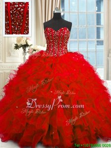 Designer Red Organza Lace Up Sweetheart Sleeveless Floor Length Sweet 16 Dress Beading and Ruffles and Sequins