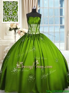 Glittering Spring Green Taffeta Lace Up Strapless Sleeveless Floor Length Quinceanera Dresses Beading and Appliques and Ruching