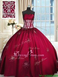 Custom Fit Sleeveless Floor Length Beading and Appliques and Ruching Lace Up Sweet 16 Dress with Wine Red
