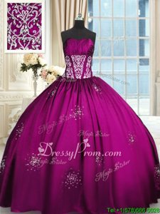 Stunning Taffeta Strapless Sleeveless Lace Up Beading and Appliques and Ruching 15th Birthday Dress inFuchsia