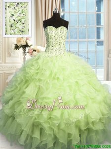 Deluxe Yellow Green Sleeveless Organza Lace Up Quinceanera Gown forMilitary Ball and Sweet 16 and Quinceanera