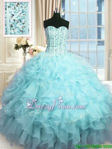 High End Sweetheart Sleeveless Organza Quinceanera Dress Beading and Ruffles and Sequins Lace Up