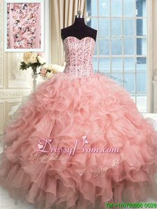 Fashionable Rose Pink Organza Lace Up Sweetheart Sleeveless Floor Length Quinceanera Dresses Beading and Ruffles
