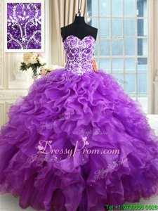 Modern Purple Ball Gowns Organza Sweetheart Sleeveless Beading and Ruffles Floor Length Lace Up Vestidos de Quinceanera