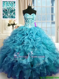 Classical Teal 15 Quinceanera Dress Military Ball and Sweet 16 and Quinceanera and For withBeading and Ruffles Sweetheart Sleeveless Lace Up
