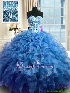 New Style Blue Organza Lace Up Vestidos de Quinceanera Sleeveless Floor Length Beading and Ruffles