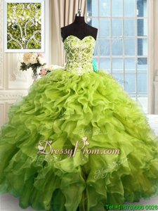 Fine Sleeveless Lace Up Floor Length Beading and Ruffles Sweet 16 Dress