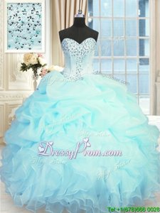Glamorous Light Blue Ball Gowns Organza Sweetheart Sleeveless Beading and Ruffles and Pick Ups Floor Length Lace Up Sweet 16 Dresses