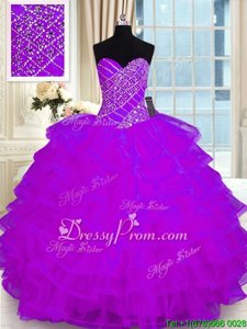 Customized Purple Ball Gowns Beading and Ruffled Layers Ball Gown Prom Dress Lace Up Organza Sleeveless Floor Length