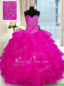 Classical Fuchsia Sweetheart Neckline Beading and Ruffled Layers 15 Quinceanera Dress Sleeveless Lace Up