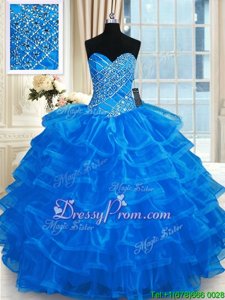 Nice Ball Gowns Quinceanera Gown Blue Sweetheart Organza Sleeveless Floor Length Lace Up