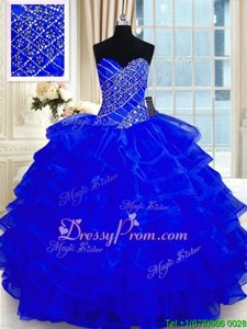 Gorgeous Floor Length Royal Blue 15 Quinceanera Dress Organza Sleeveless Spring and Summer and Fall and Winter Beading and Ruffled Layers