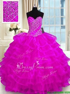 Charming Sleeveless Floor Length Beading and Ruffled Layers Lace Up Quinceanera Gown with Fuchsia