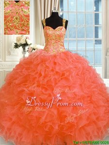Fashion Orange Ball Gowns Embroidery and Ruffles Sweet 16 Quinceanera Dress Lace Up Organza Sleeveless Floor Length