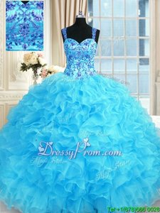 Decent Sleeveless Organza Floor Length Lace Up Quince Ball Gowns inBaby Blue forSpring and Summer and Fall and Winter withEmbroidery and Ruffles