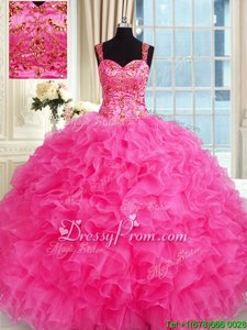 Hot Pink Straps Lace Up Embroidery and Ruffles Quinceanera Dresses Sleeveless