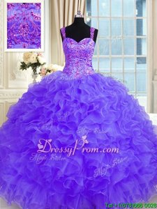 Ball Gowns 15 Quinceanera Dress Purple Straps Organza Long Sleeves Floor Length Lace Up