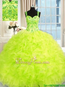 Colorful Yellow Green Sweet 16 Dresses Military Ball and Sweet 16 and Quinceanera and For withBeading and Embroidery and Ruffles Straps Sleeveless Lace Up