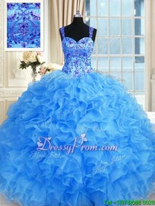 Sweet Floor Length Baby Blue Quince Ball Gowns Organza Sleeveless Spring and Summer and Fall and Winter Beading and Embroidery and Ruffles
