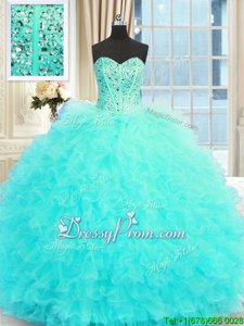 Trendy Aqua Blue Sleeveless Floor Length Beading and Ruffles Lace Up Quinceanera Dresses