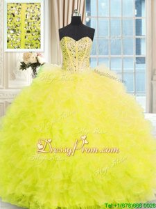 Clearance Light Yellow Ball Gowns Strapless Sleeveless Tulle Floor Length Lace Up Beading and Ruffles Quinceanera Dresses