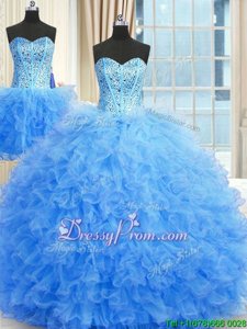 Flare Floor Length Baby Blue Quinceanera Gowns Strapless Sleeveless Lace Up
