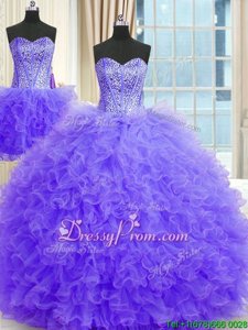 Smart Sleeveless Floor Length Beading and Ruffles Lace Up Sweet 16 Dresses with Lavender