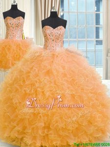 Stylish Sleeveless Floor Length Beading and Ruffles Lace Up 15th Birthday Dress with Orange