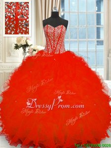 Graceful Red Organza Lace Up Vestidos de Quinceanera Sleeveless Floor Length Beading and Ruffles