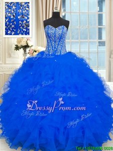 Excellent Royal Blue Lace Up Strapless Beading and Ruffles 15th Birthday Dress Organza Sleeveless