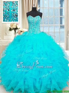 High Class Baby Blue Sleeveless Floor Length Beading and Ruffles Lace Up Ball Gown Prom Dress