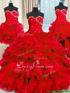Glamorous Red Lace Up Sweetheart Beading and Ruffles and Ruching 15 Quinceanera Dress Organza Sleeveless