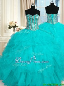 Sumptuous Baby Blue Lace Up Sweetheart Beading and Ruffles Ball Gown Prom Dress Organza Sleeveless
