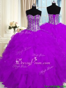 Sophisticated Purple Ball Gowns Organza Sweetheart Sleeveless Beading and Ruffles Floor Length Lace Up Sweet 16 Dress