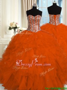 Modest Sleeveless Organza Floor Length Lace Up Sweet 16 Quinceanera Dress inOrange Red forSpring and Summer and Fall and Winter withBeading and Ruffles