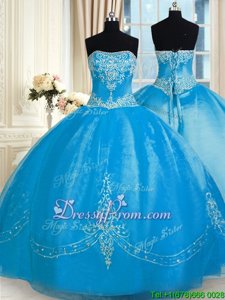 Artistic Baby Blue Strapless Lace Up Embroidery Quinceanera Dresses Sleeveless