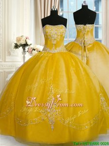 Comfortable Sleeveless Floor Length Beading and Embroidery Lace Up Ball Gown Prom Dress with Yellow