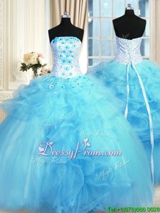 High Class Baby Blue Sleeveless Pick Ups and Hand Made Flower Floor Length Quinceanera Gowns