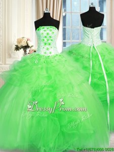 Spring Green Ball Gowns Strapless Sleeveless Tulle Floor Length Lace Up Pick Ups and Hand Made Flower Sweet 16 Quinceanera Dress