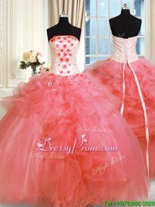 Most Popular Watermelon Red Strapless Neckline Pick Ups and Hand Made Flower Quince Ball Gowns Sleeveless Lace Up