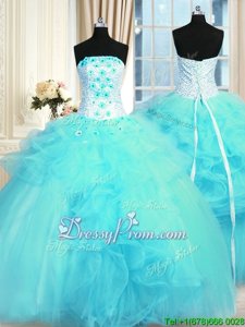 Hot Selling Ball Gowns Sweet 16 Quinceanera Dress Aqua Blue Strapless Tulle Sleeveless Floor Length Lace Up