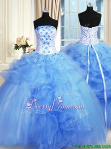 Simple Blue Tulle Lace Up 15th Birthday Dress Sleeveless Floor Length Pick Ups and Hand Made Flower