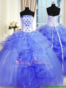 Strapless Sleeveless Tulle Ball Gown Prom Dress Pick Ups and Hand Made Flower Lace Up
