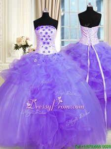 Attractive Sleeveless Floor Length Pick Ups and Hand Made Flower Lace Up Vestidos de Quinceanera with Lavender