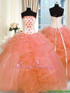 Chic Watermelon Red Tulle Lace Up Strapless Sleeveless Floor Length Quinceanera Gowns Pick Ups and Hand Made Flower
