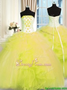 Gorgeous Yellow Green Ball Gowns Beading and Ruffles Quince Ball Gowns Lace Up Tulle Sleeveless Floor Length